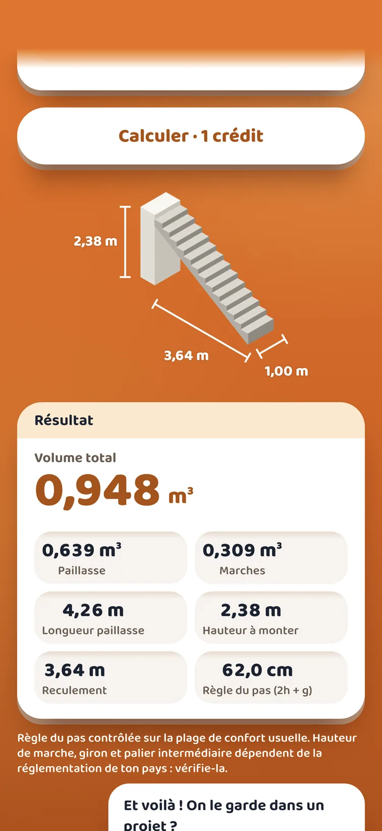 Volume de béton d'un escalier dans Blok, avec son rendu 3D
